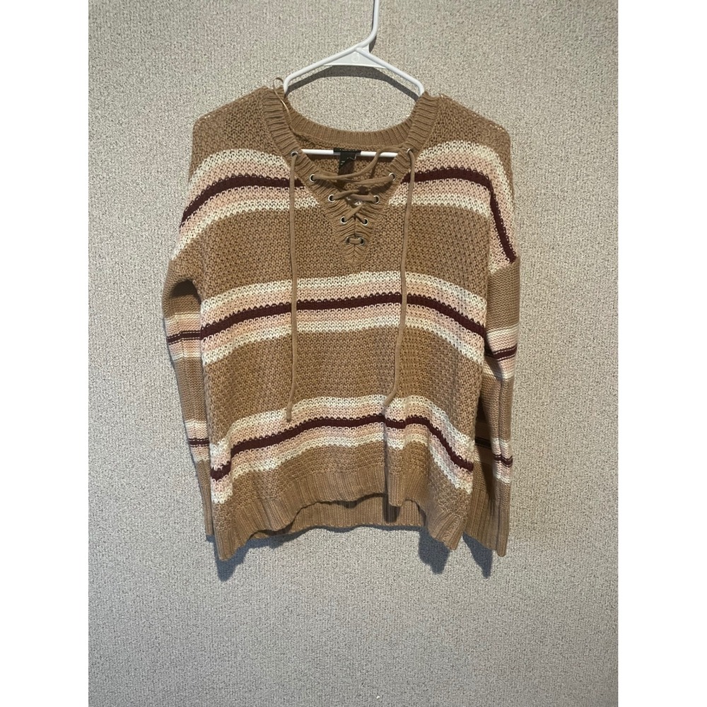 Rue21 Striped Knit Lace-Up Sweater Small S Brown Pink White Bohemian Casual